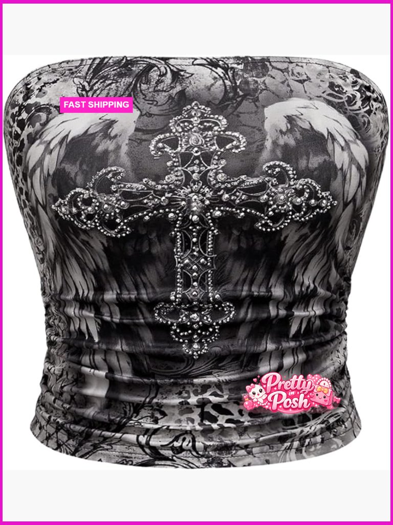 Strapless Rhinestone Cross Print Goth Punk Ruched Crop Tube Top